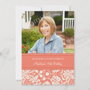 Coral Damask Photo 70th Birthday Party Invitations