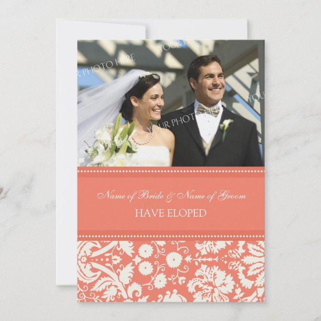 Coral Damask Photo Elopement Cartes Faire-part (Devant)