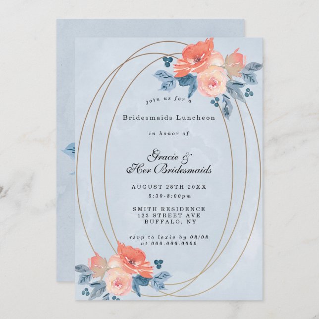 Coral Dusty Blue Gold Bridesmaids Luncheon Invitat (Devant / Derrière)