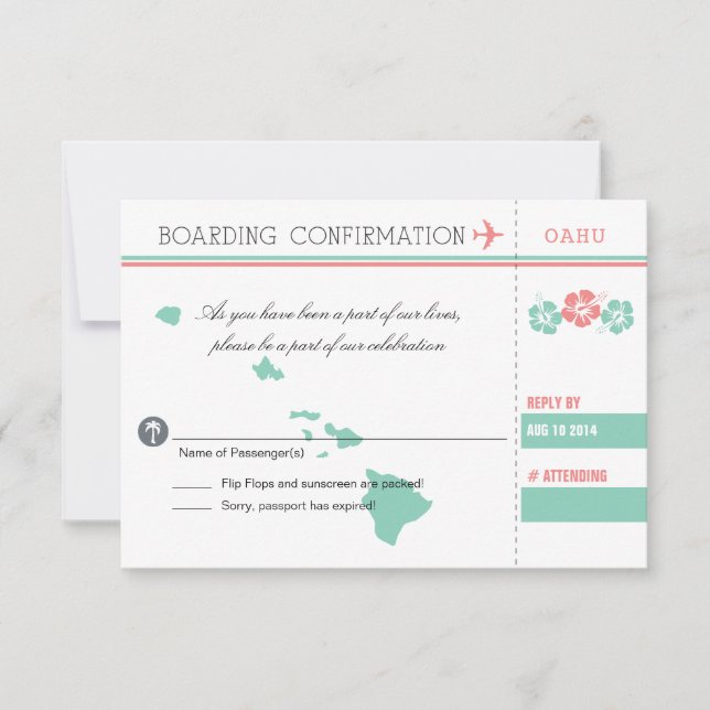 Coral et Mint OAHU Mariage RSVP Embarquement Pass (Devant)