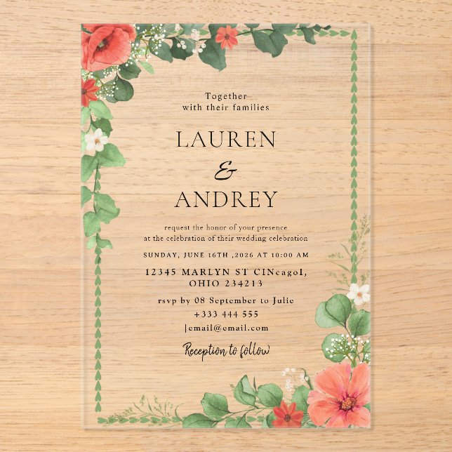 Coral Floral Acrylic Wedding Invitation (Recto)