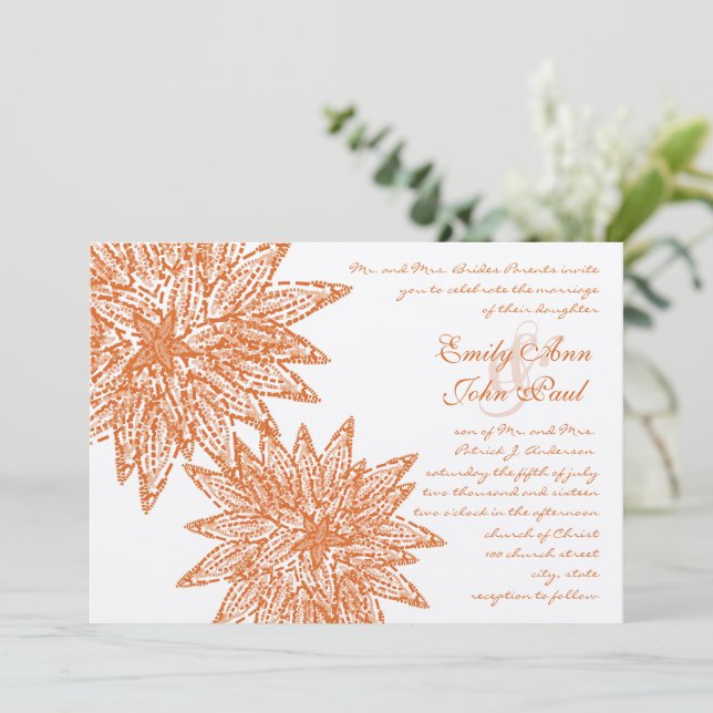 Coral Floral moderne Dahlia Invitations de mariage (Debout devant)