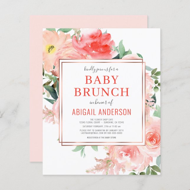 Coral Floral Pêche Bébé Brunch Invitation (Devant / Derrière)