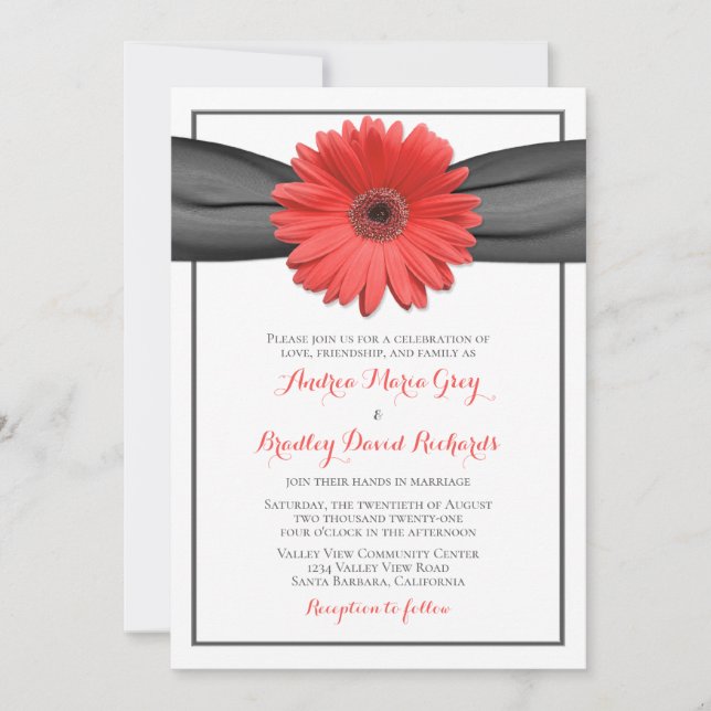 Coral Gerbera Daisy Grey Ribbon Invitation (Devant)