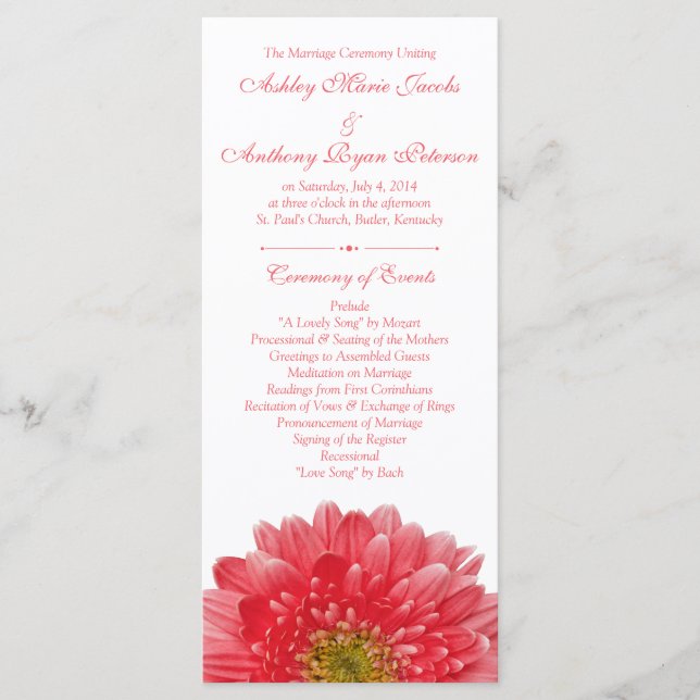 Coral Gerbera Daisy Programme de mariage blanc (Devant)