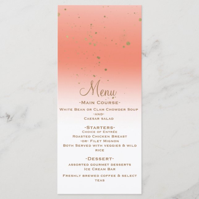 Coral Gold Modern Glam Confetti Party Menu Mariage (Devant)