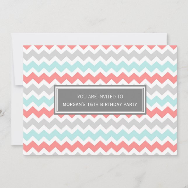 Coral Gray Chevron 16e anniversaire Invitation à l (Devant)