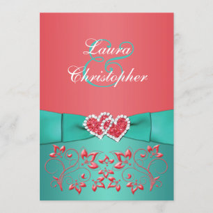 Coral Green Floral se joint aux coeurs Invitation