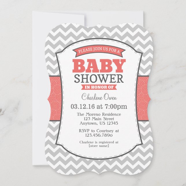 Coral Grey Chevron Baby shower Invitation (Devant)