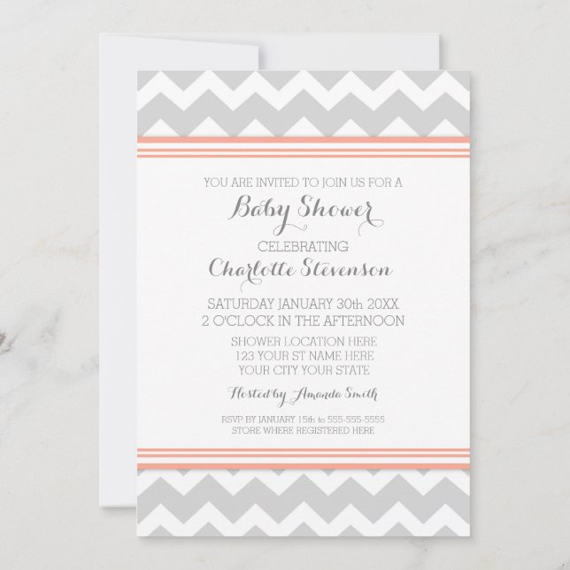 Coral Grey Chevron Invitations Personnalisées De D (Dos)