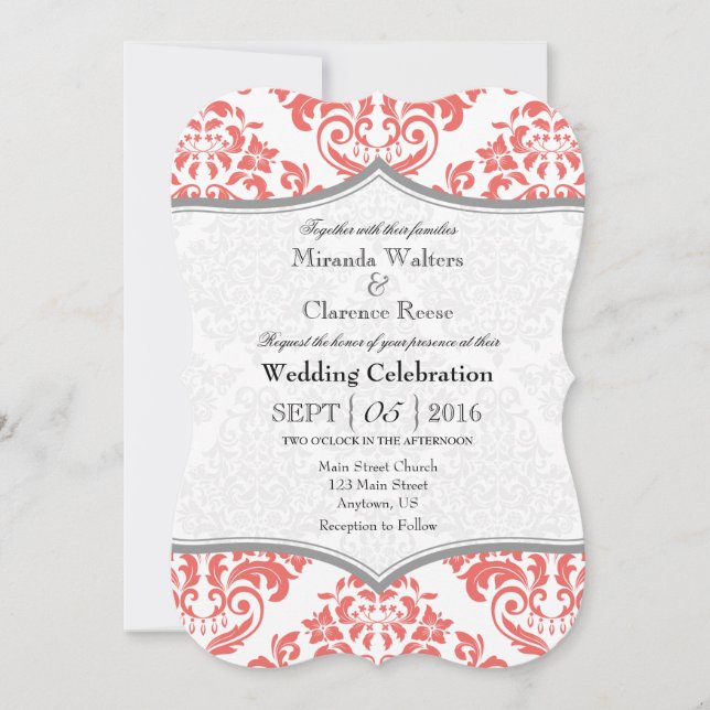 Coral Grey Damask Bracket Wedet Invitation (Devant)