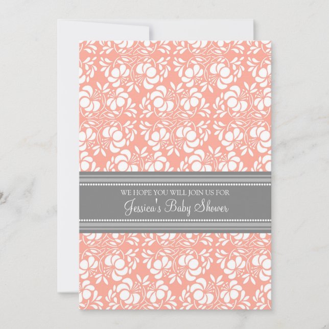 Coral Grey Damask Custom Baby Shower Invitations (Devant)