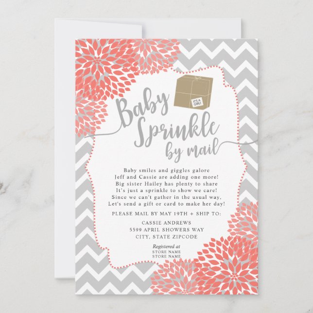 Coral Grey Floral Baby Sprinky par mail Invitation (Devant)