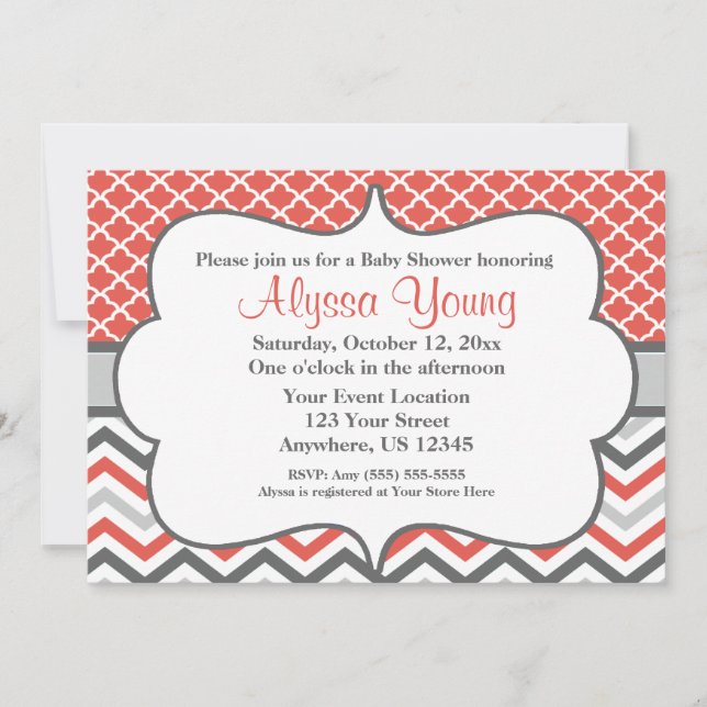 Coral Grey Quatrefoil Chevron Invitation (Devant)