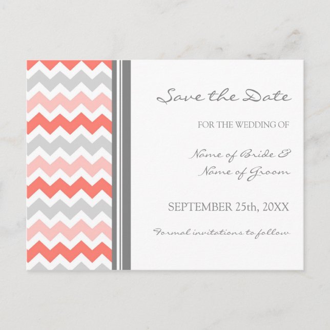 Coral gris Chevron Enregistrer la date Carte posta (Devant)