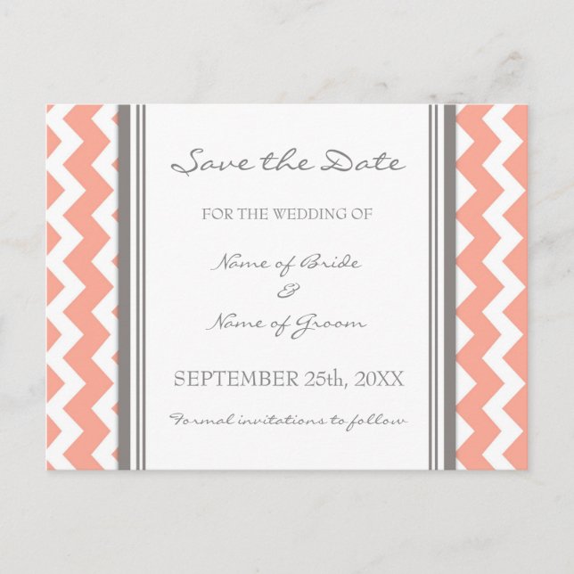Coral gris Chevron Enregistrer la date Carte posta (Devant)