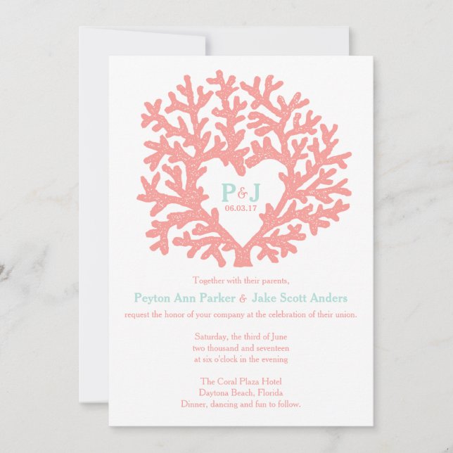 Coral Heart Aqua Beach Invitations de mariage (Devant)