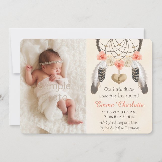Coral Mint Boho Dreamcatcher Faire-part de naissan (Devant)