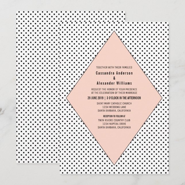 Coral Modern Pois Mariage Invitation (Devant / Derrière)