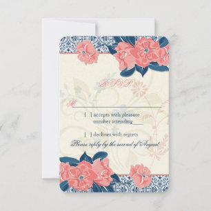 Coral Navy Blue Vintage Floral Wedding RSVP Répons