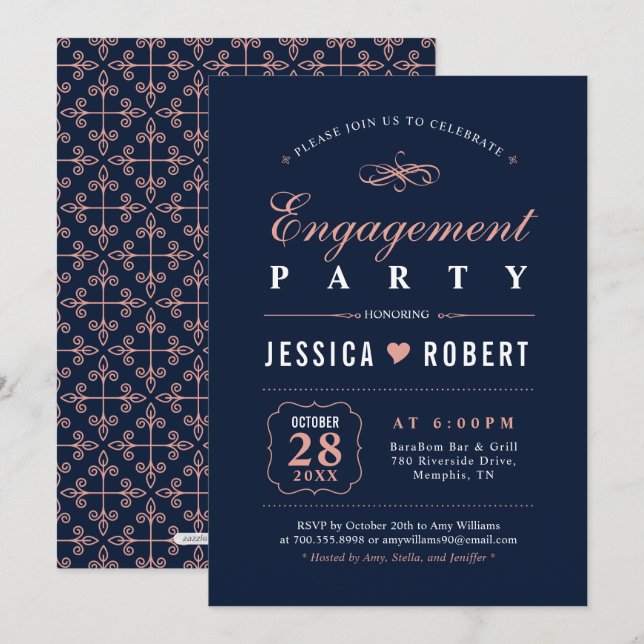 Coral & Navy | Élégante invitation de fête de fian (Devant / Derrière)