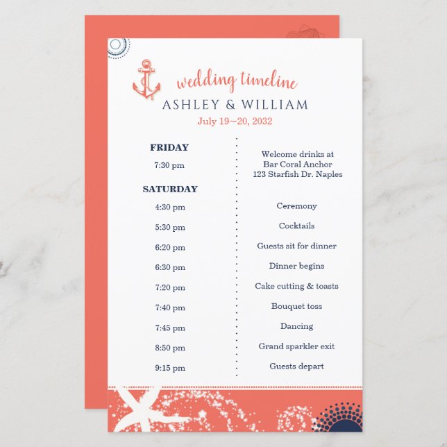 Coral Navy White Beach Wedding Timeline (Devant / Derrière)