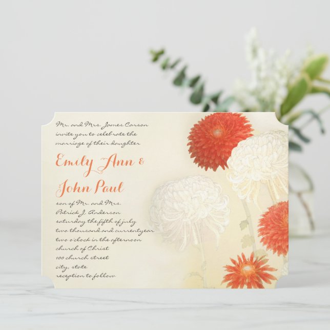 Coral Orange Chrysanthemum Invitations de mariage (Debout devant)
