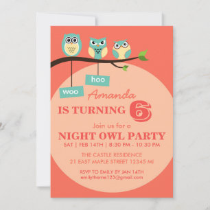 Coral orange Hibou Pois Invitation d'anniversaire