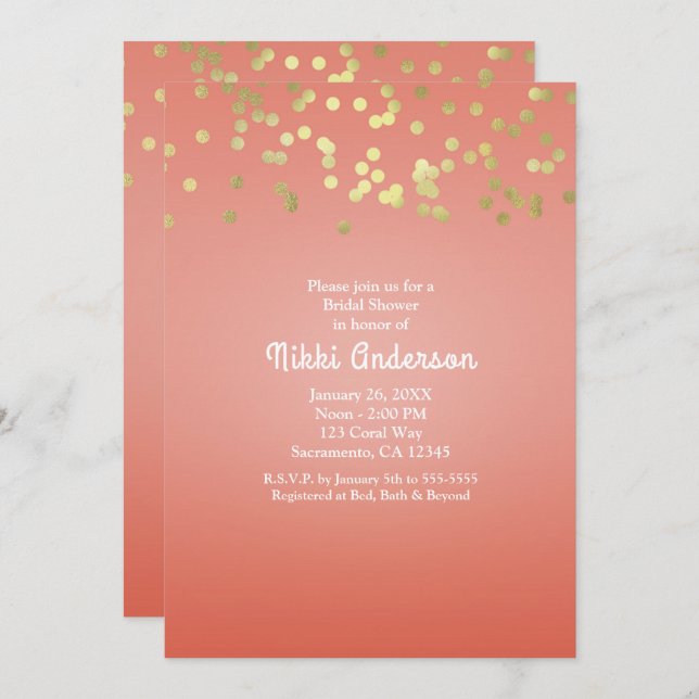 Coral Peach Dipped Chic Gold Dots Party Invitation (Devant / Derrière)