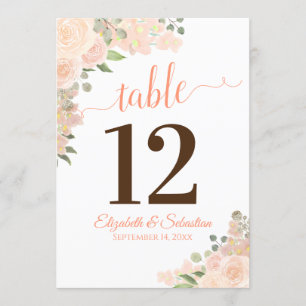 Coral Peach Floral Mariage Numéro de table Carte G