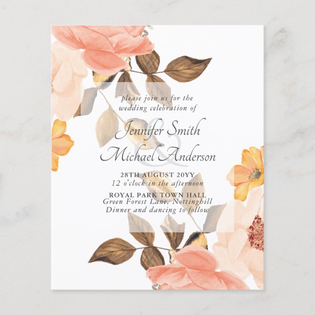 Coral Peach Gold Bronze Floral Wedding Invitations (Devant)