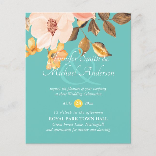 Coral Peach Gold Bronze Floral Wedding Invitations (Devant)