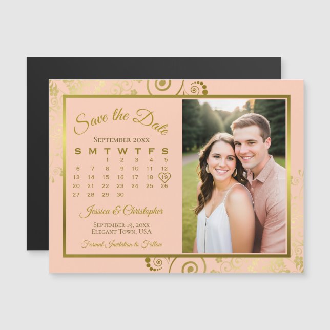 Coral Peach & Gold Calendar Photo Save Date Magnet (Devant / Derrière)