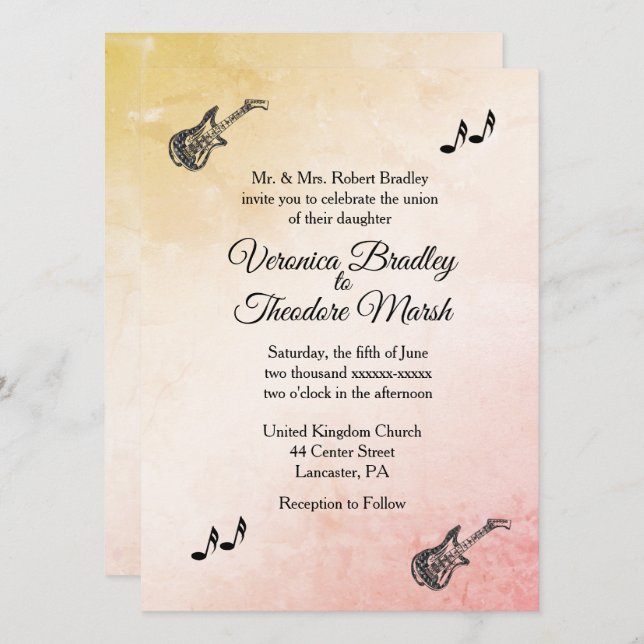 Coral Peach Guitar Thème Faire-part de mariage (Devant / Derrière)