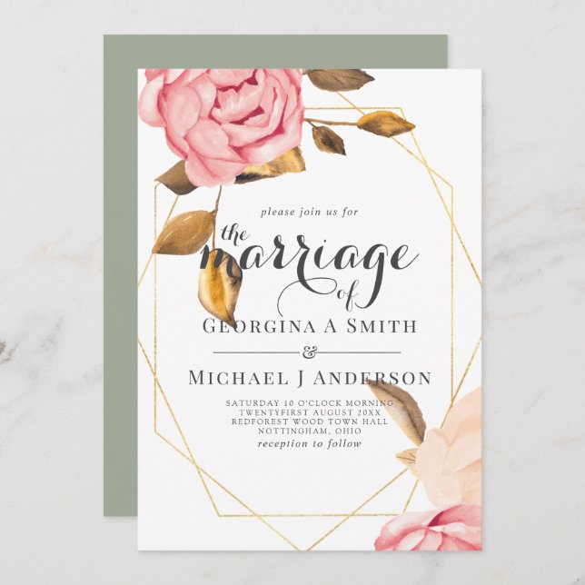 Coral Peach Rose Or Floral Invitations de mariage (Devant / Derrière)