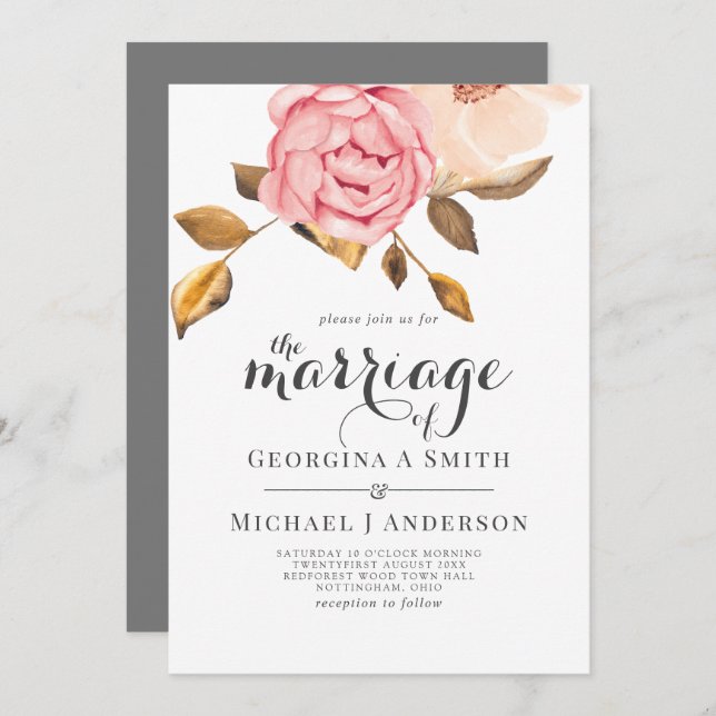 Coral Peach Rose Or Floral Invitations de mariage (Devant / Derrière)