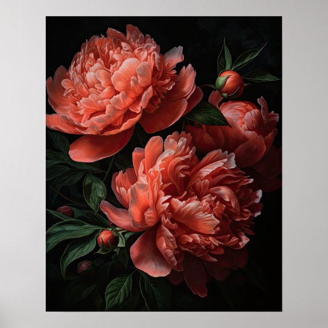 Coral Peony Flowers Art Print Poster (Devant)