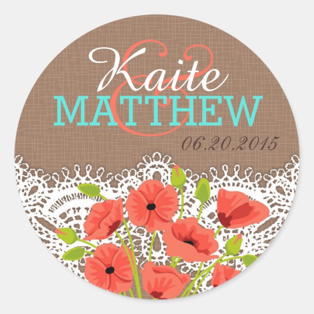 Coral Poppies Lace Burlap Mariage Étiquette (Devant)