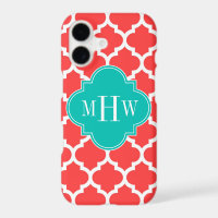 Coral Red Wht Moroccan #5 Teal 3 Initial Monogram