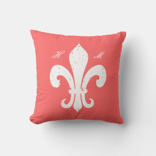 Coral rose Fleur de lis monogramme lancer oreiller