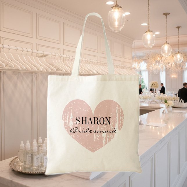 Coral rose patiné coeur bridesmaid sacs fourre-tou (bridesmaid tote bag with pink heart)