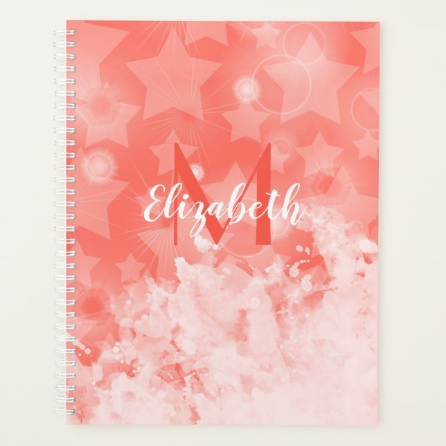 Coral rose Stars motif Moderne Chic Monogramme Nom (Devant)