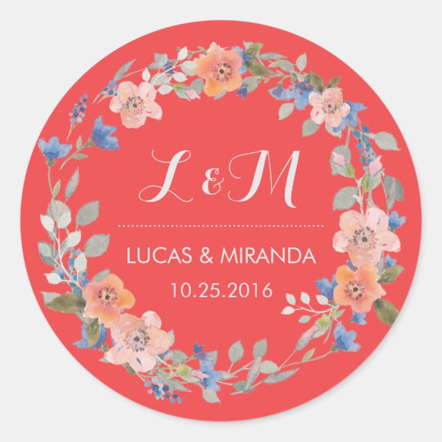 Coral Rouge Floral Wreath Wedding Favor Sticker (Devant)