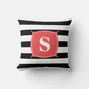 Coral Rouge & Noir Monogrammé Rayé Coussin de Je