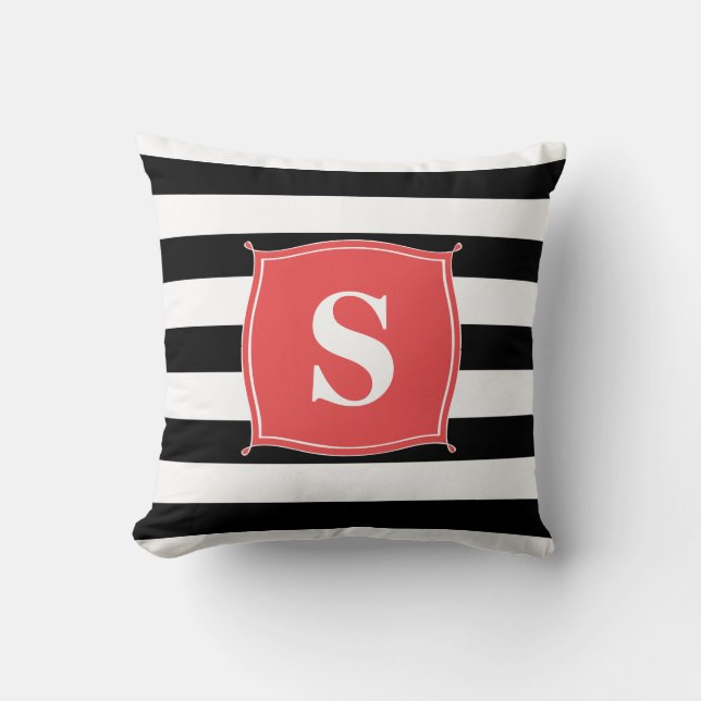 Coral Rouge & Noir Monogrammé Rayé | Coussin de Je (Recto)