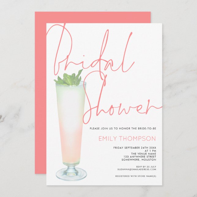 Coral Script Cocktail Bridal Douche Invitation (Devant / Derrière)