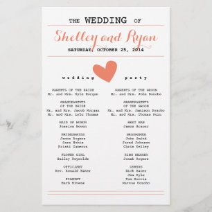 Coral Simple Heart Wedding Programme