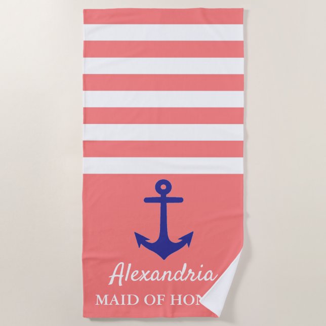 Coral Stripe Nautique Mariage Serviette de plage (Devant)