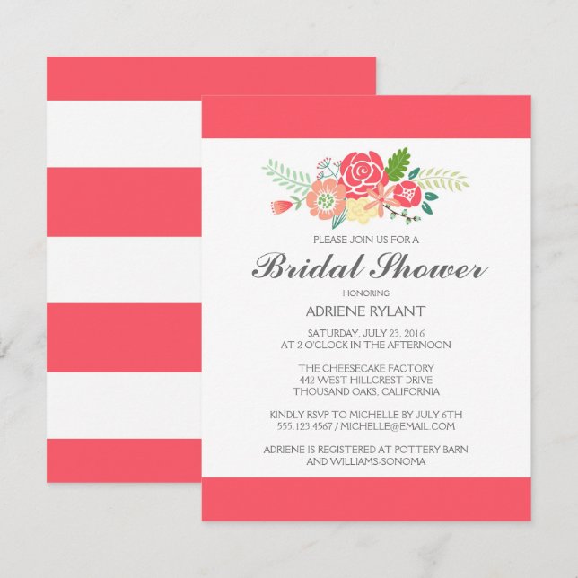 Coral Stripes Floral Bridal Showée Invitation (Devant / Derrière)