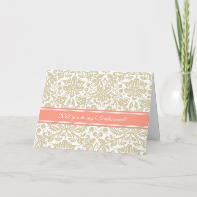 Coral Tan Damask Bridesmaid Invitation (Devant)